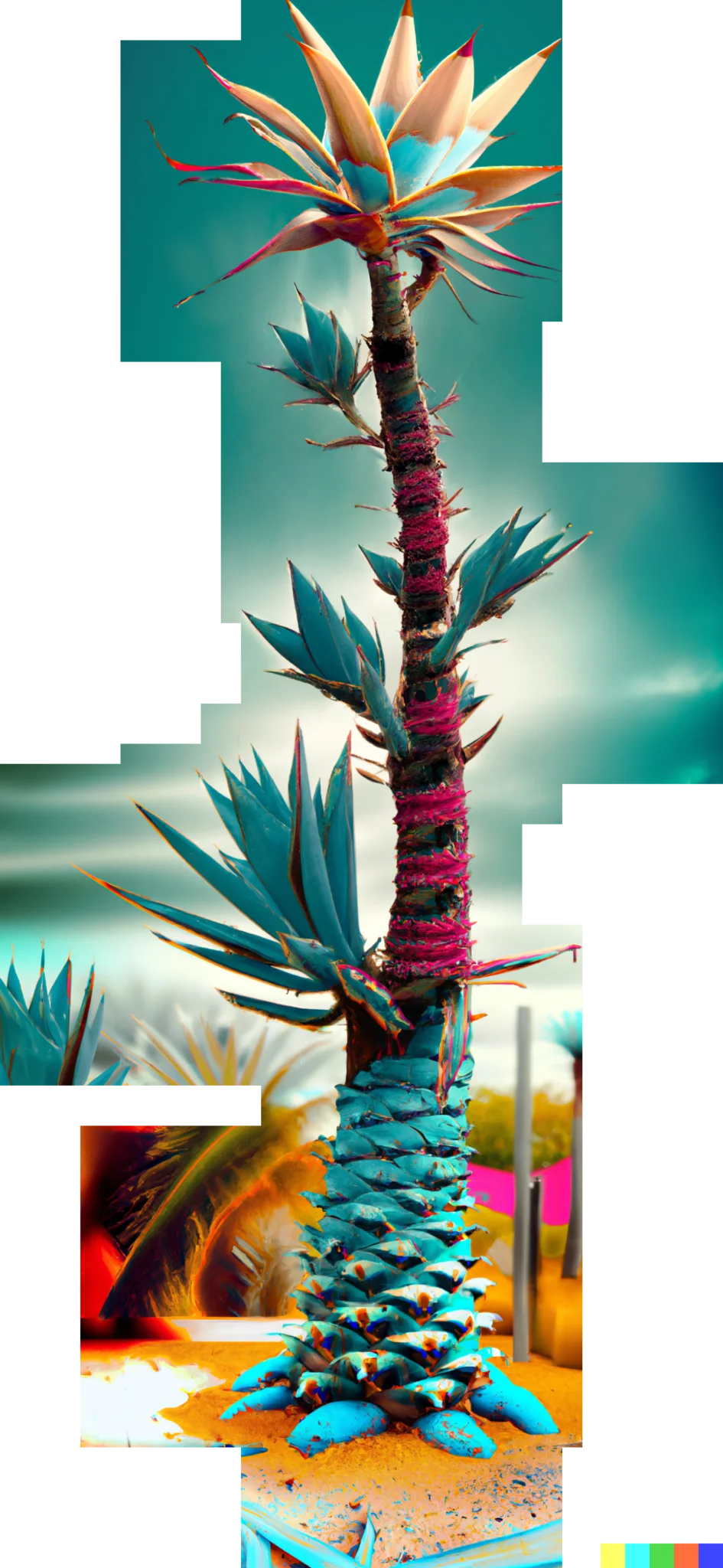 Top of the succulent tree generated with Midjourney, the trunk extended with DALL-E