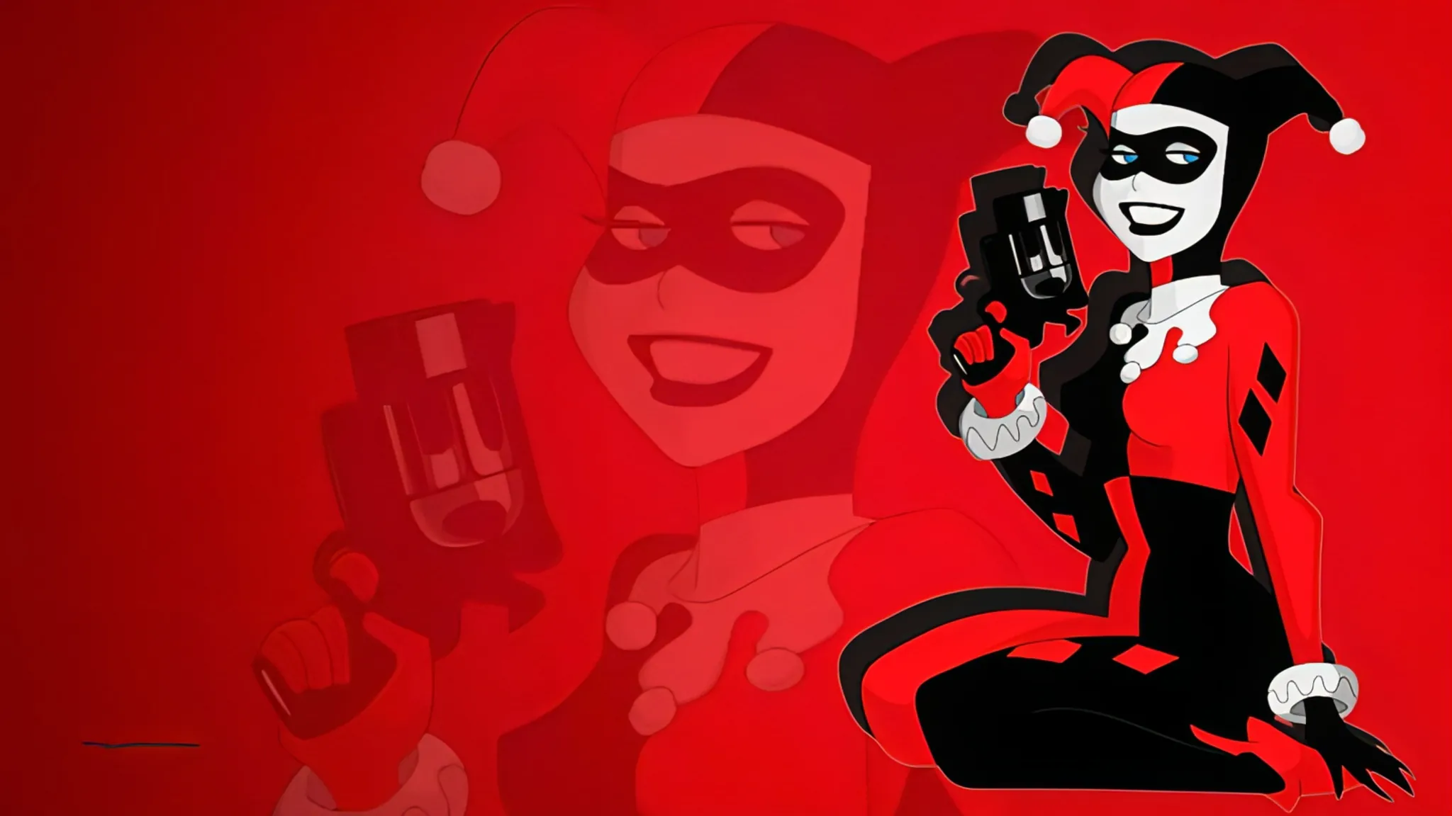 Illustration of a harlequin dressed woman kneeling with a gun in her hands