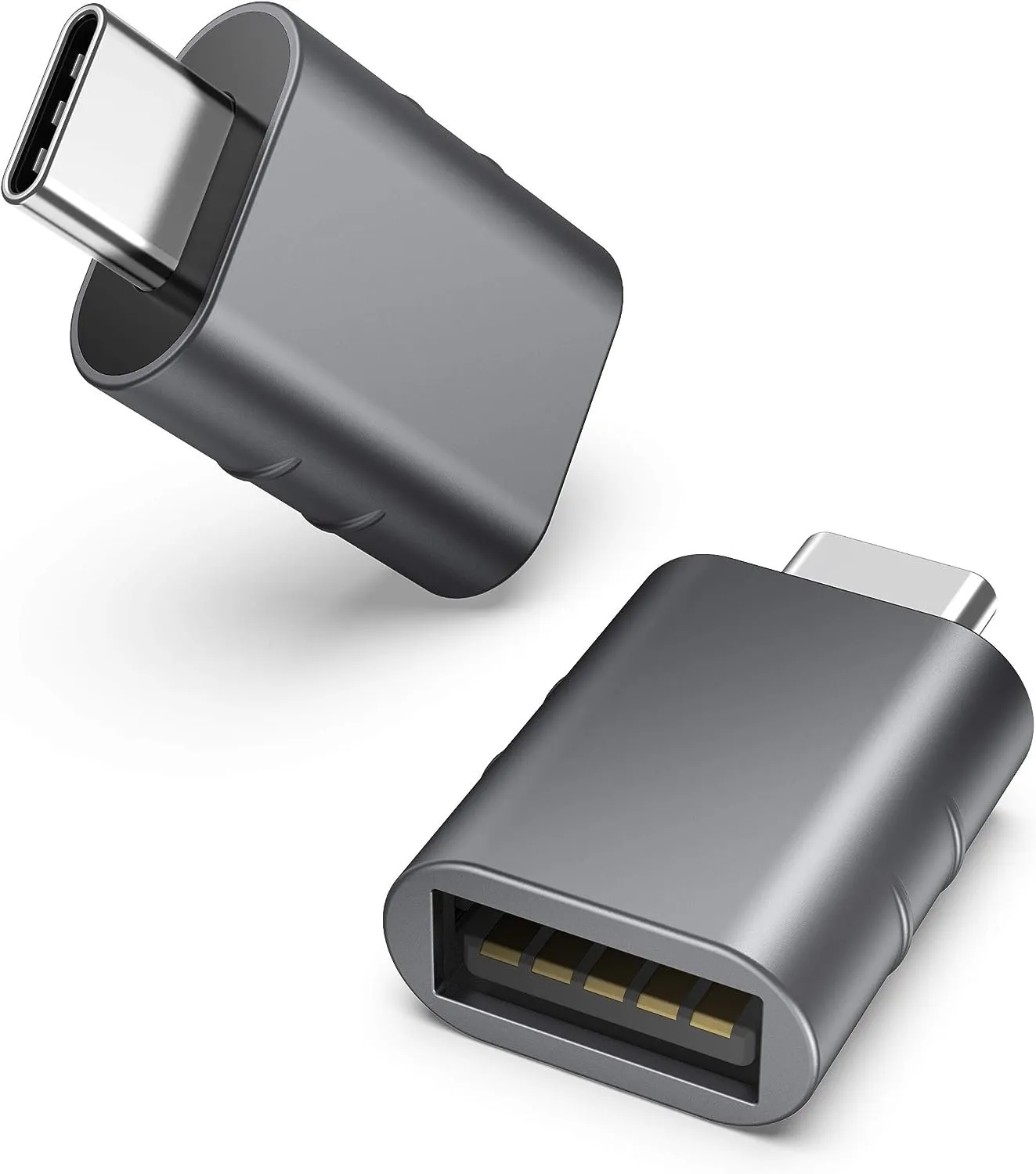 A product photo of two grey USB-C to USB-A adapters.