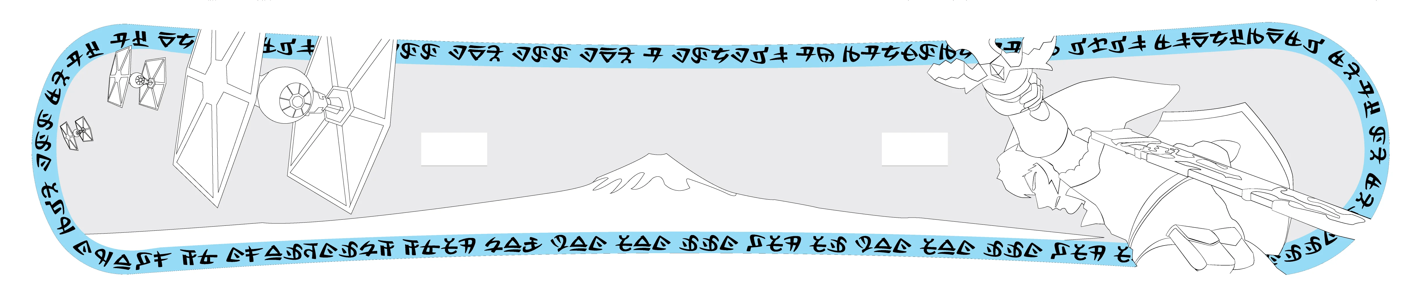 A black and white illustration of Link attacking tie fighters with Mt. Fuji in the background