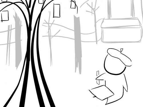 Illustration of a little character with a beret drawing in front of a tree