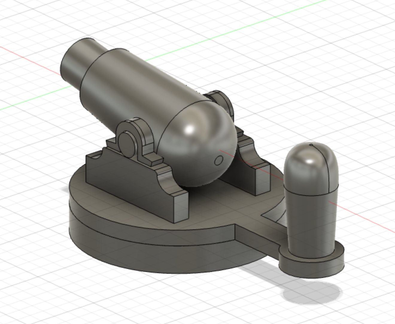 CAD model of a cannon on a disk with a handle sticking straight up