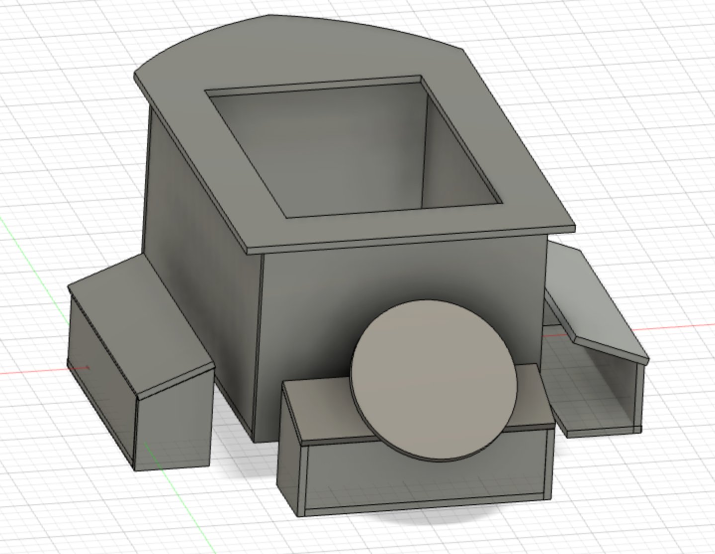 CAD model of a tabletop arcade cabinet in the shape of a boat