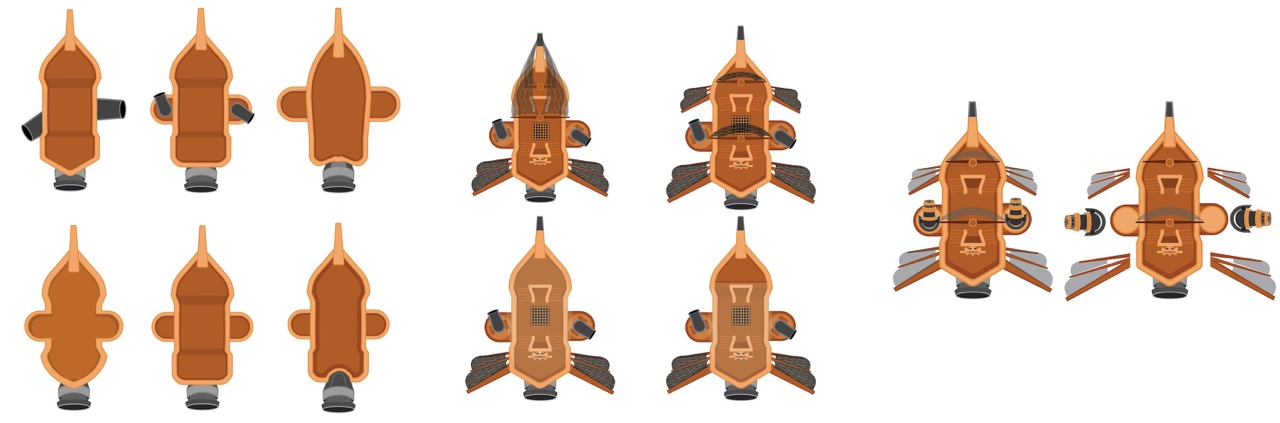 Different stages of illustrations of ship sprites