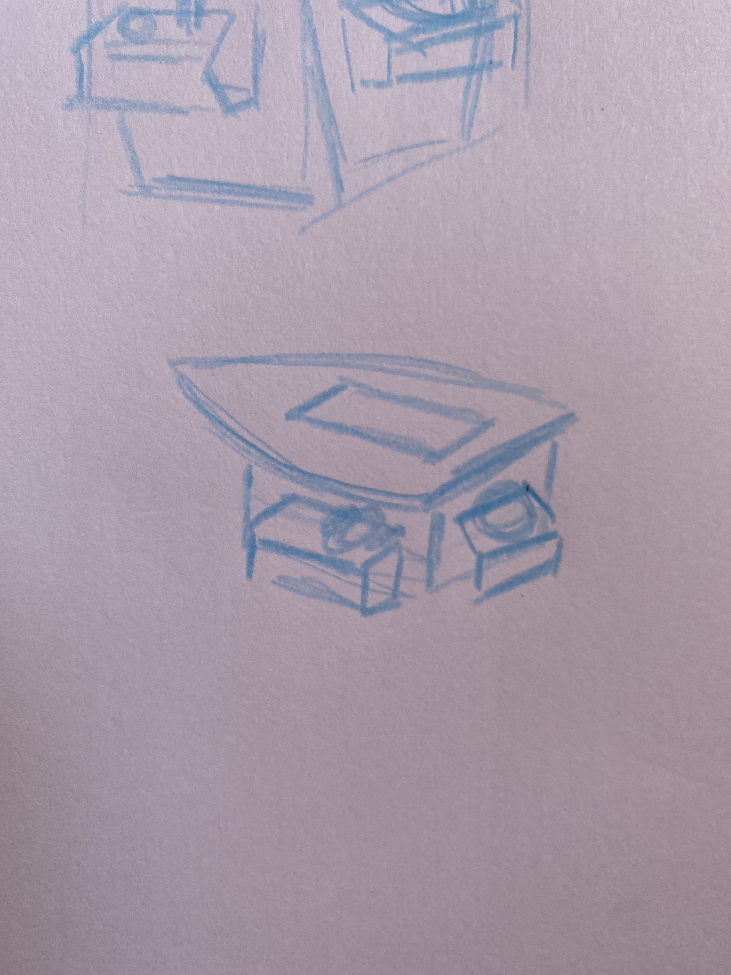 Sketch of an tabletop arcade cabinet in the shape of a boat