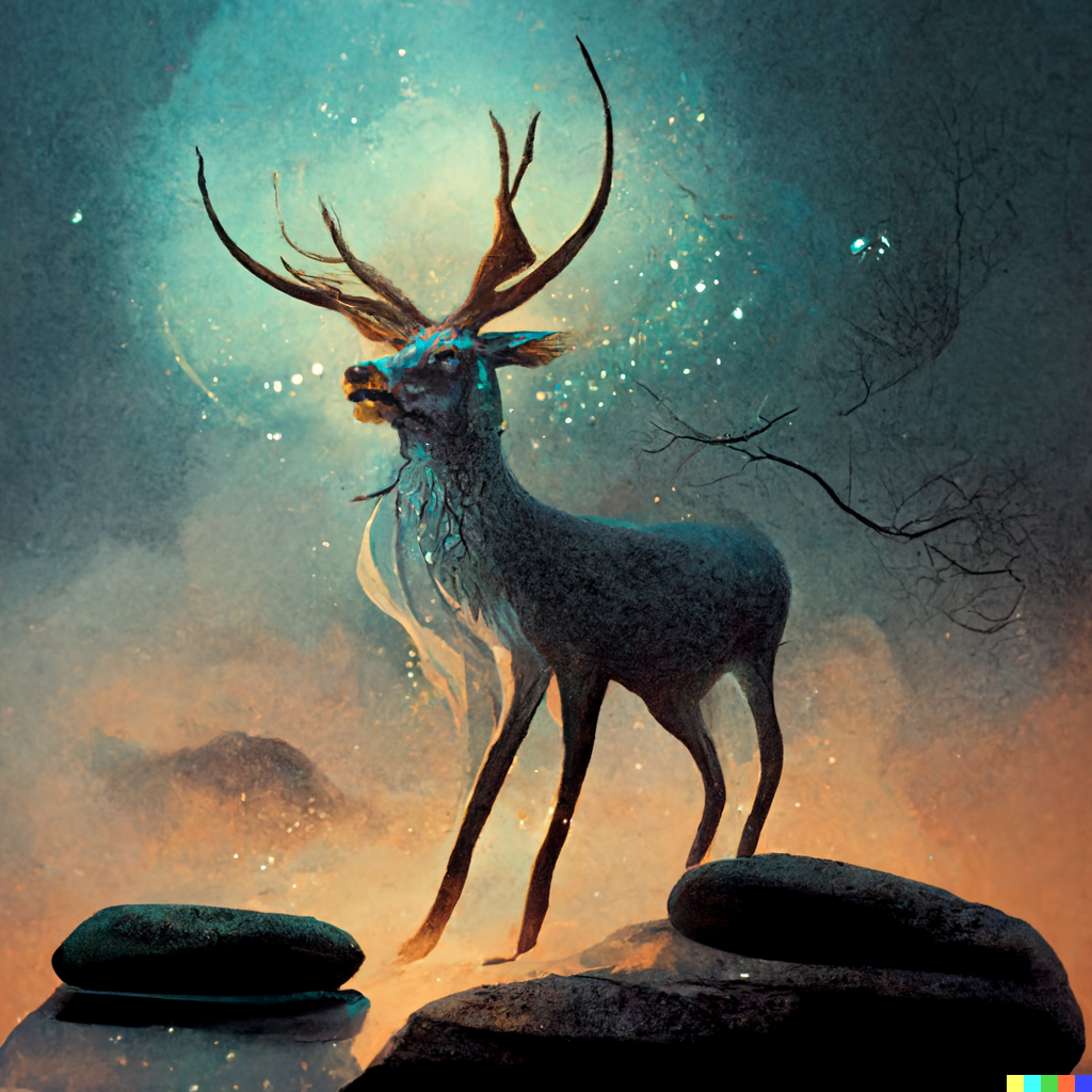 A magestic looking stag with glowing antlers