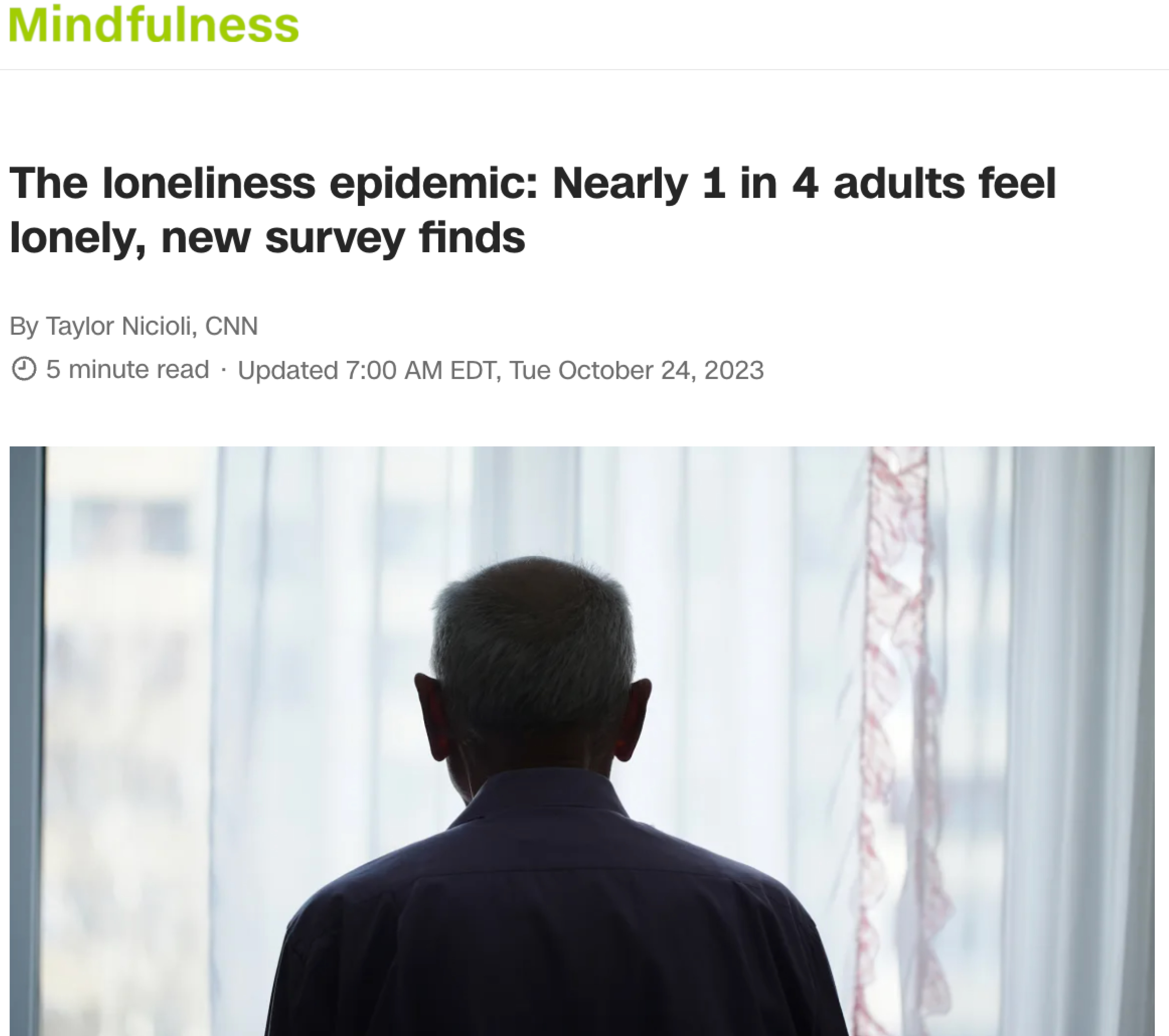 A screenshot of an article from "Mindfulness" titled "The loneliness epidemic: Nearly 1 in 4 adults feel lonely, new survey finds."