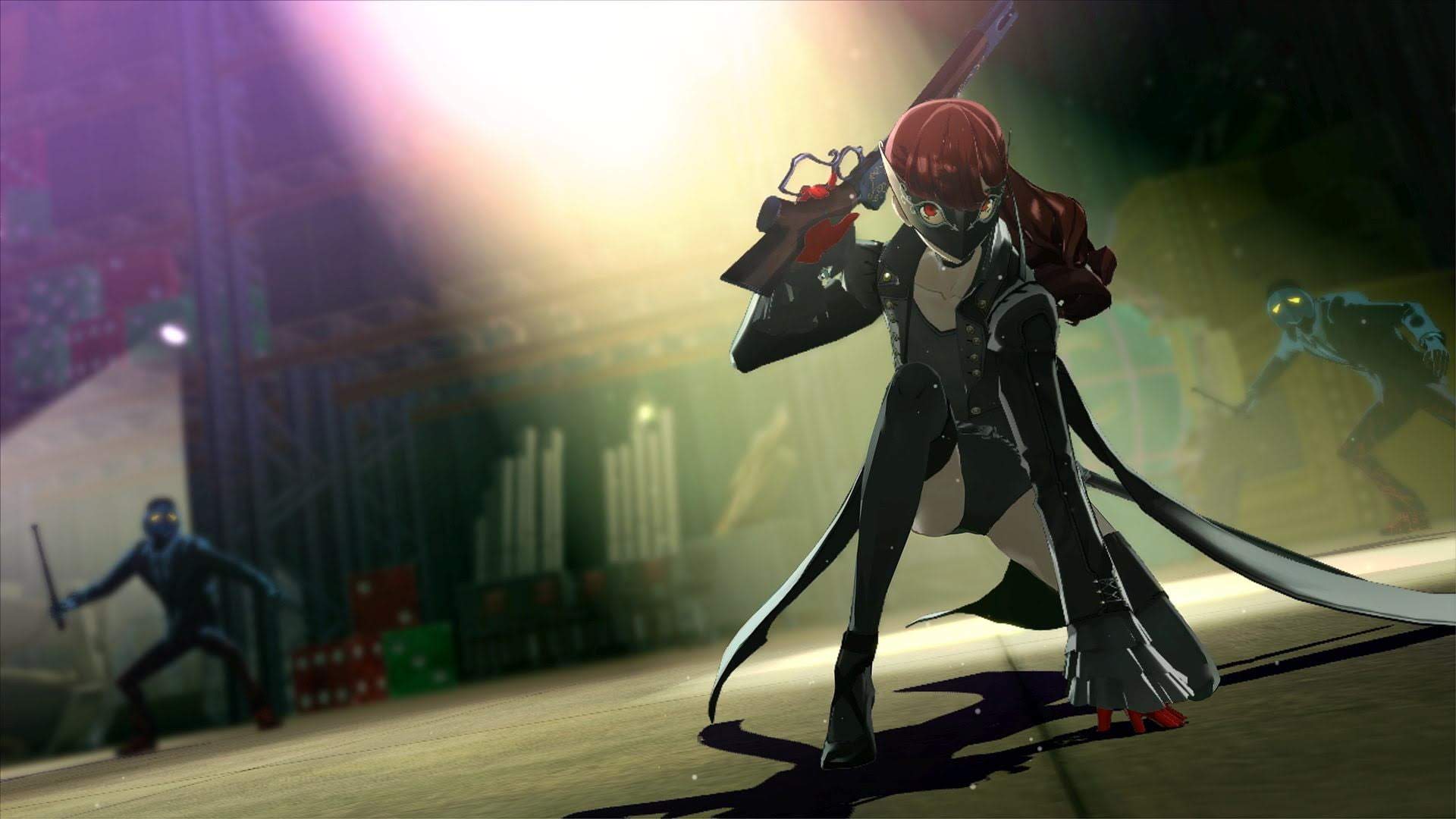 Game screenshot of a girl with red hair and a leotard holding a gun while kneeling on the ground