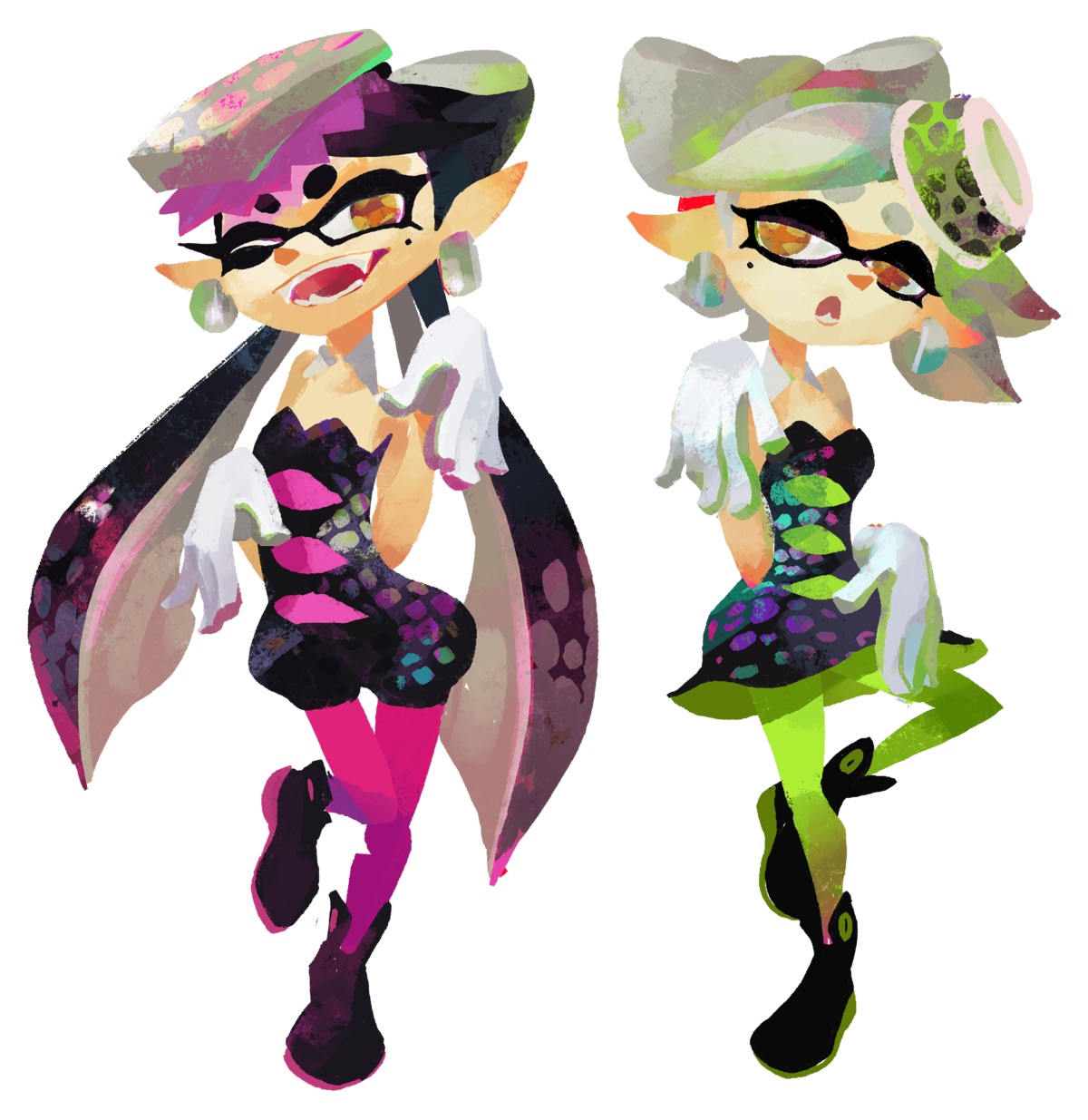 Concept art for a video game depicting two girls who are part squid posing for the camera