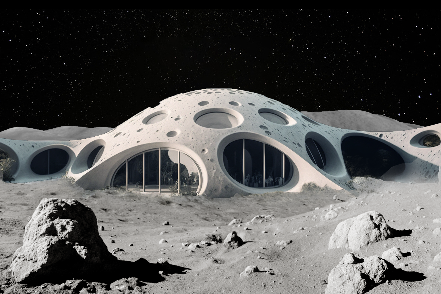 Blending into the moon itself, the Muse building will go a few floors deeper than first appears. Excavate to create lunarcrete material for the enclosure.