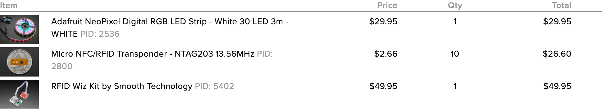 Screenshot of an Adafruit receipt for light strips