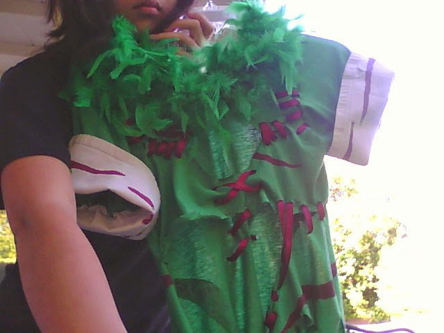 Photograph of a girl holding up a green shirt with green feathers on a hanger